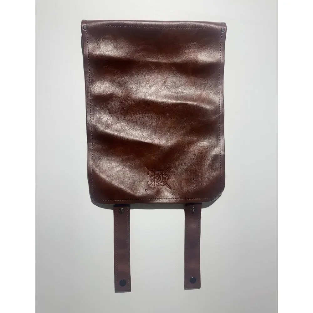 Brown Leather Knife Roll Pouch Case w/ Straps Snap Closures Embossed Logo